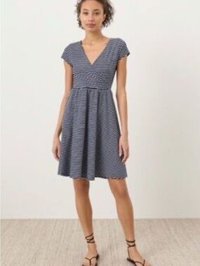 Pact Women's Navy and White Striped V-Neck Midi Dress Medium